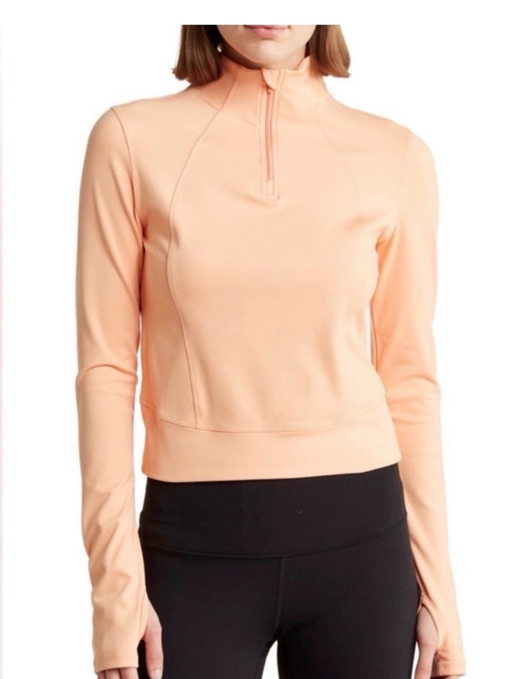 New Yogalicious Women's Peach Long-Sleeve Zip Mock Neck Top